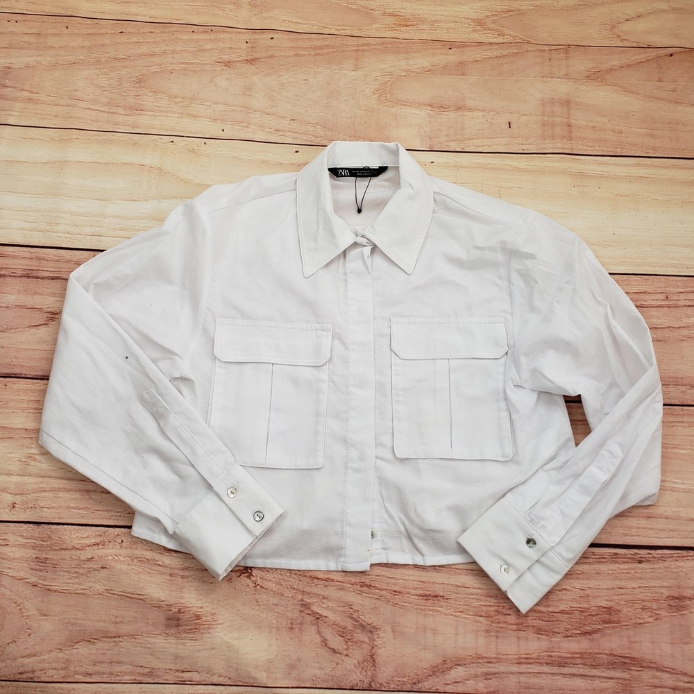 Zara Jacket Womens XS White Cropped Utility Button Up Long Sleeve Pocket Shacket